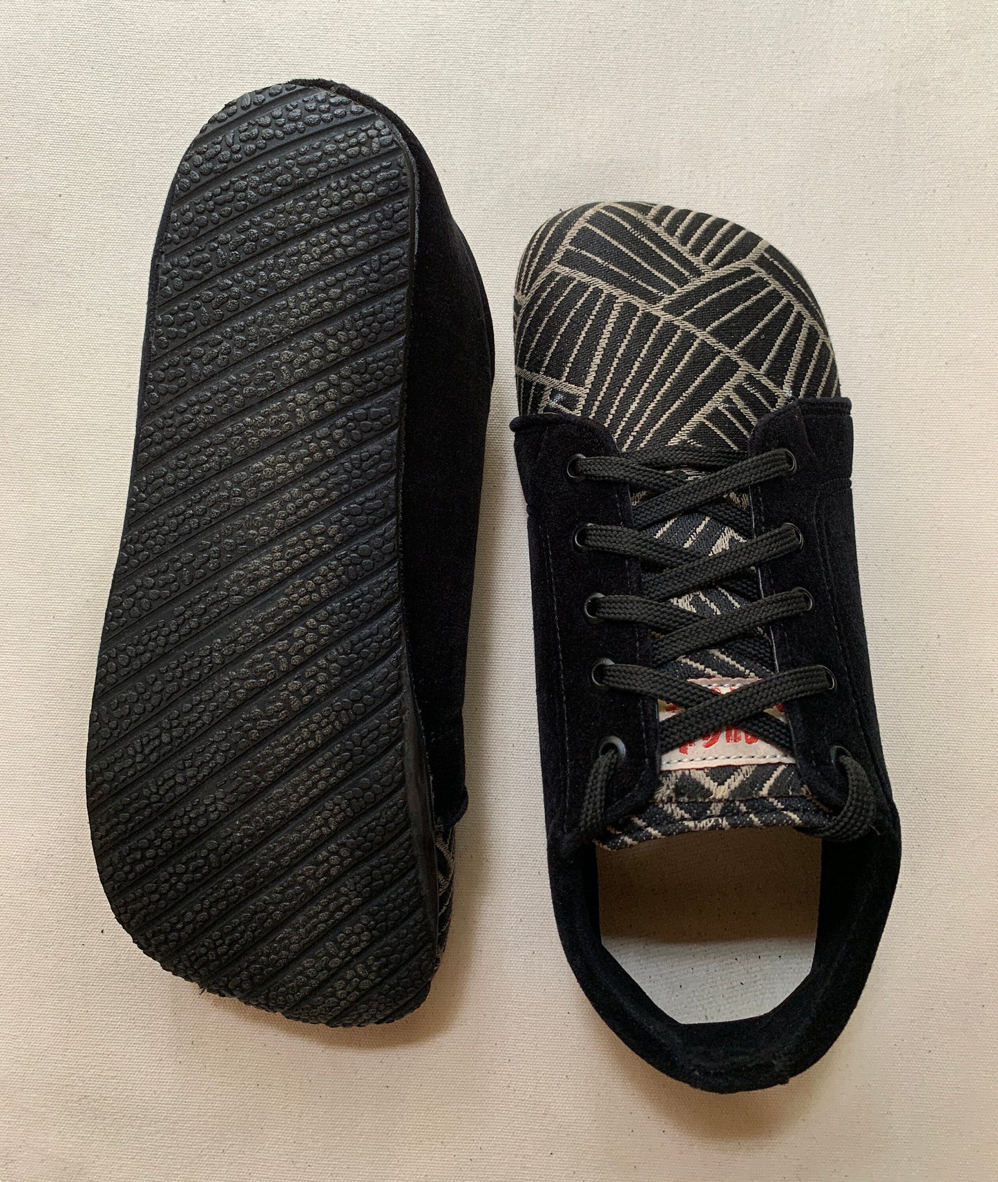 Upcycled Barefoot Shoes, Black Velvet & Jacquard, Vegan Tire Sole, US Size 8 9LC