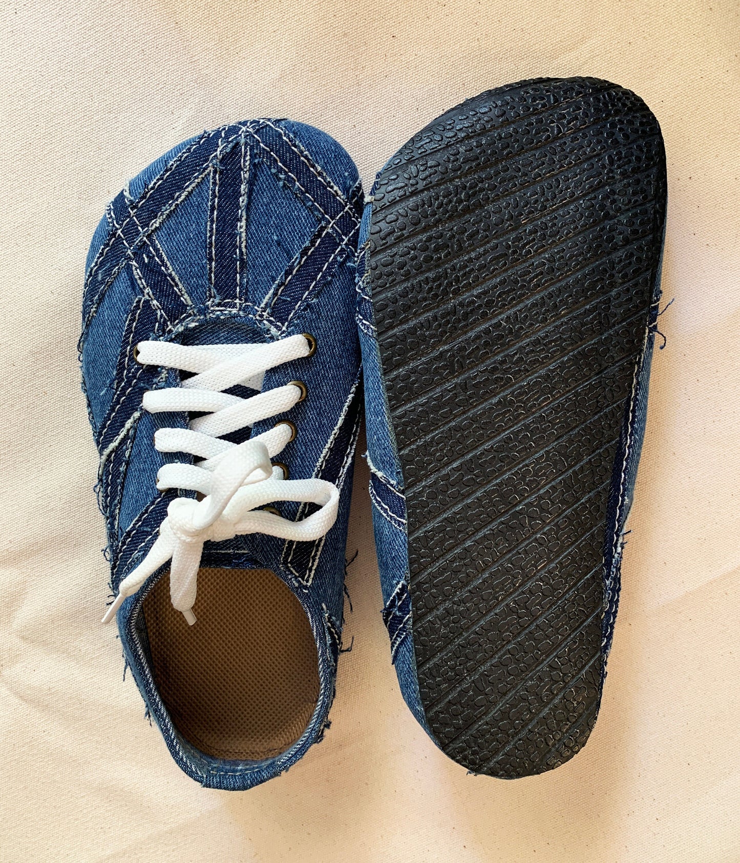Upcycled Denim Barefoot Sneaker I US5 I UK4.5 I EU 38 I Tire Sole I Handmade I One of kind I Vegan I Unisex I Light and Flexible 9LC