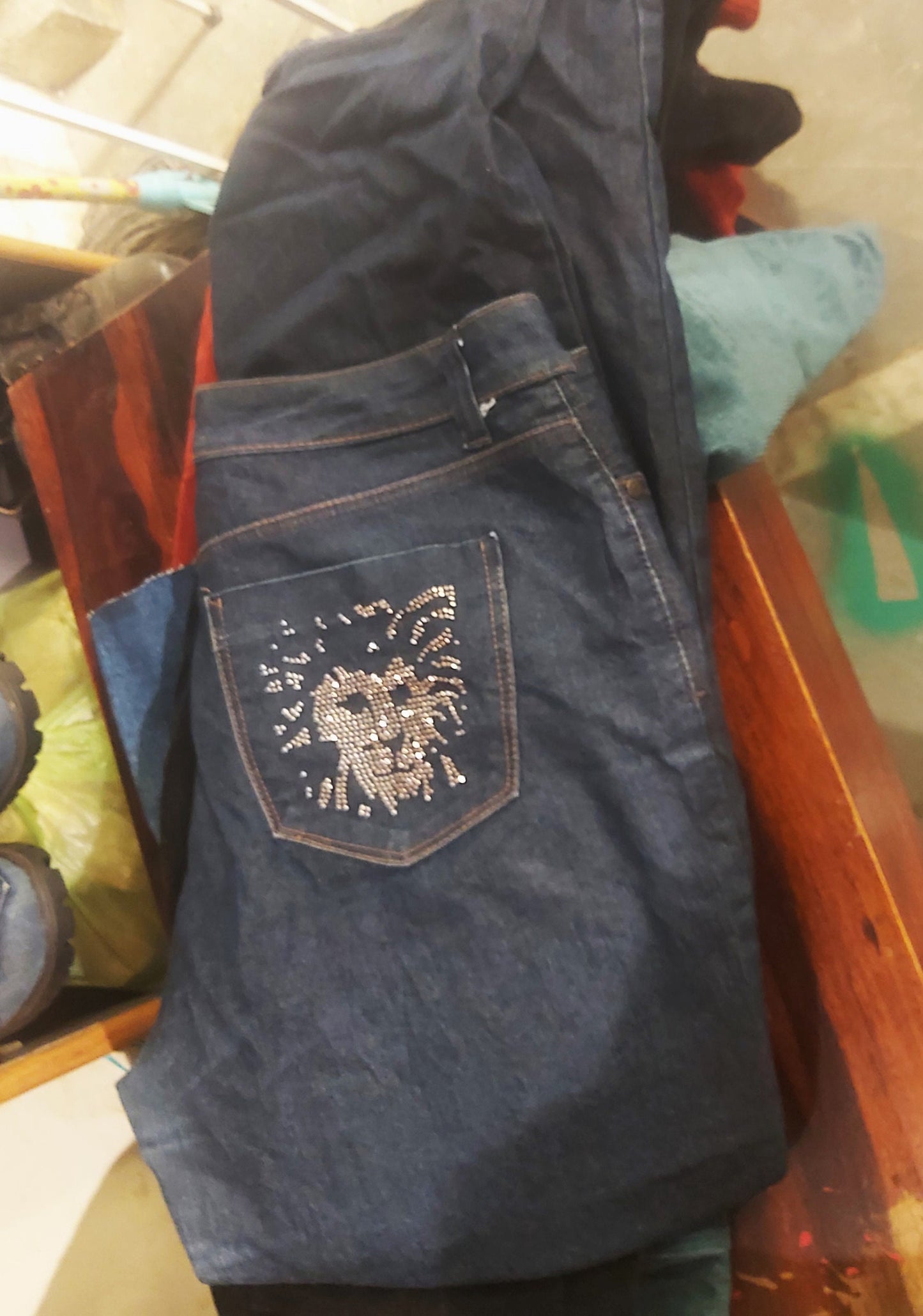 Upcycled Denim Driver Shoes I US9.5 I EU 43 I Lion Rhinestone Motif I Flexible Sole I Customization Available I Blue and Black 9LC