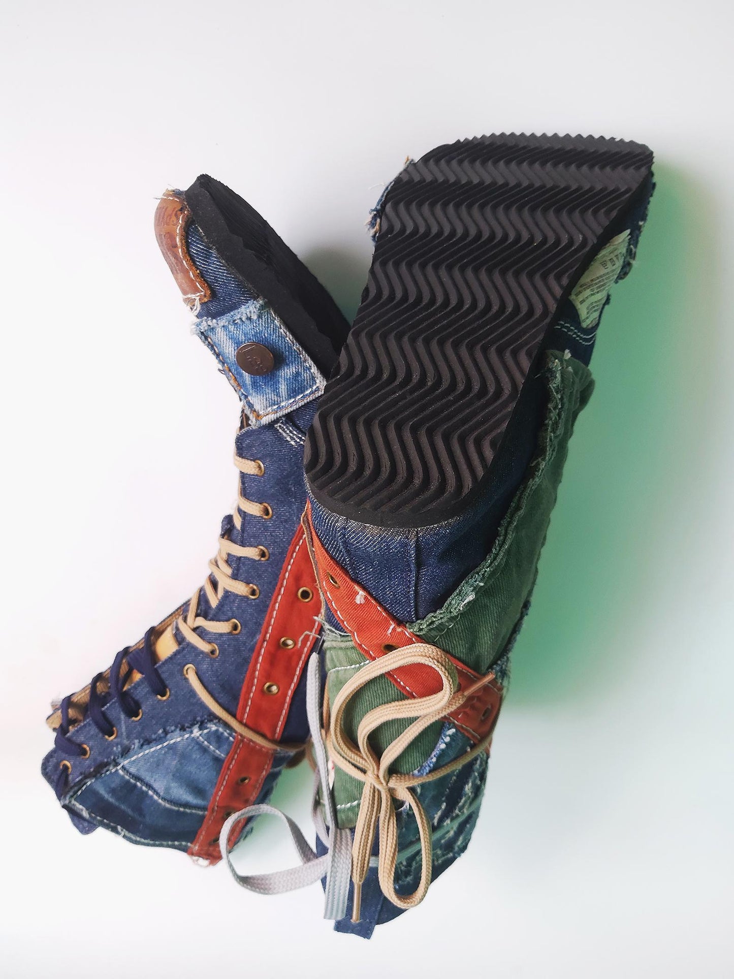 Upcycled Denim Barefoot Boots US 9, Handmade One-of-a-Kind 9LC