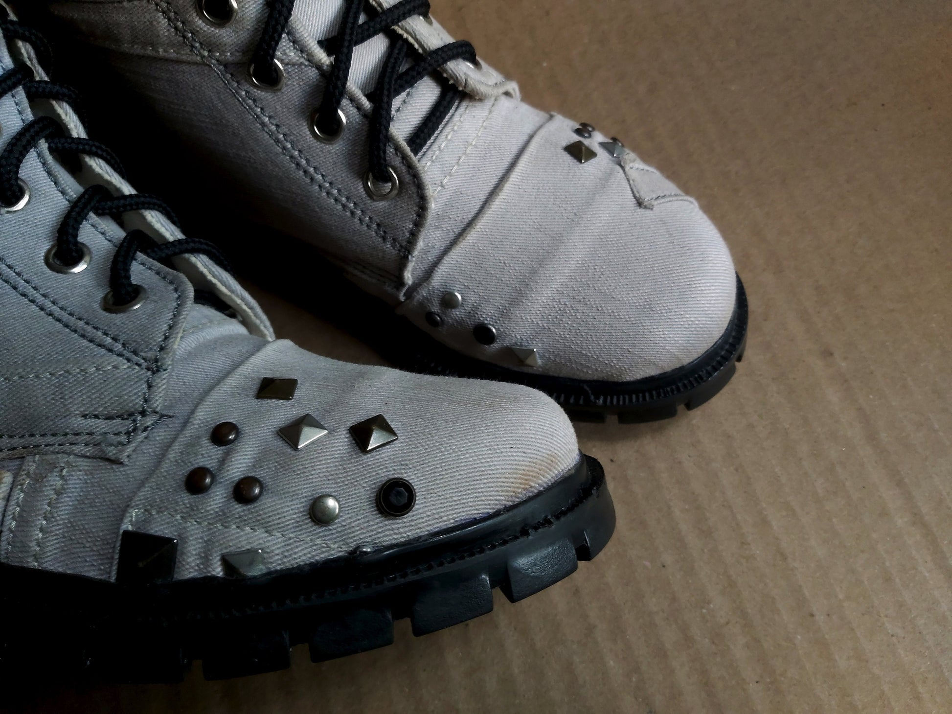 Upcycled Denim Heel Boots: Studded Leather Detail (UK7/EU41/US8.5) 9LC