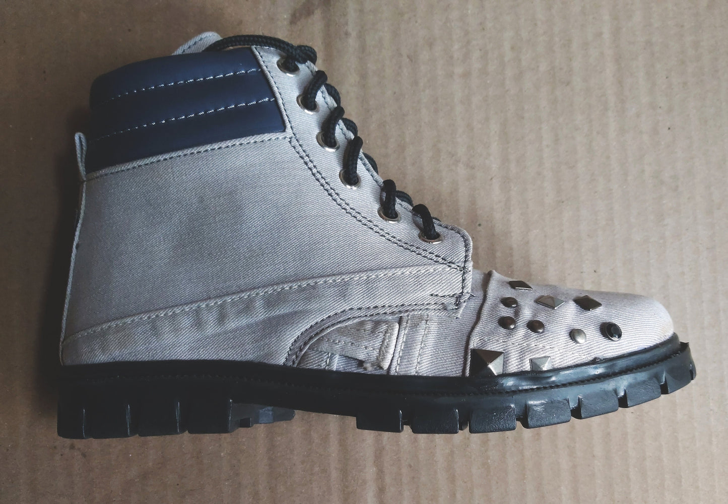Upcycled Denim Heel Boots: Studded Leather Detail (UK7/EU41/US8.5) 9LC