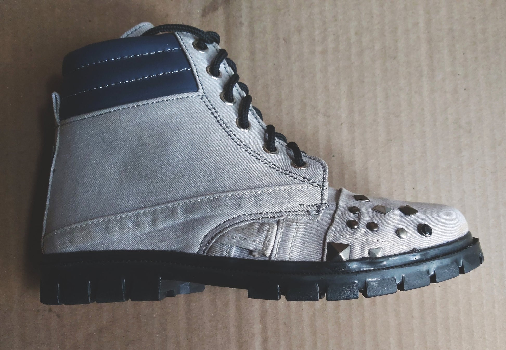 Upcycled Denim Heel Boots: Studded Leather Detail (UK7/EU41/US8.5) 9LC