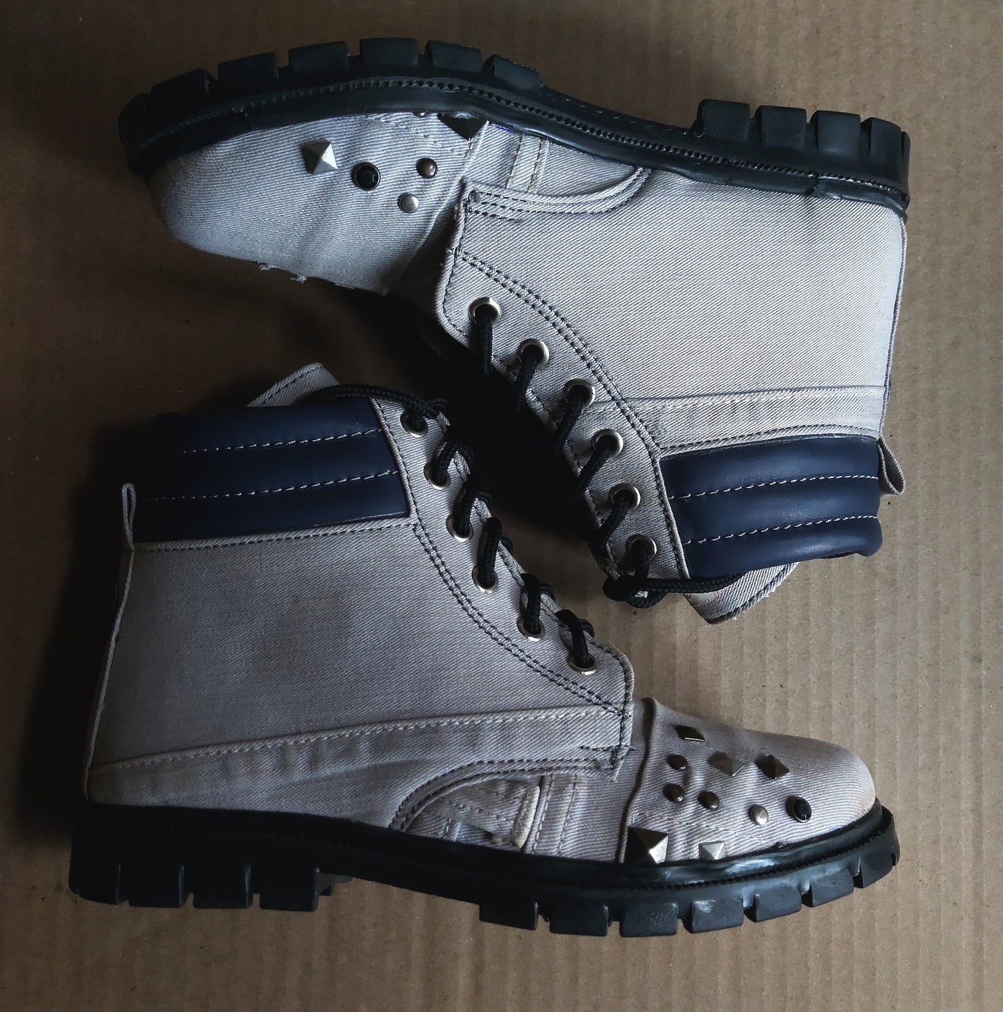 Upcycled Denim Heel Boots: Studded Leather Detail (UK7/EU41/US8.5) 9LC