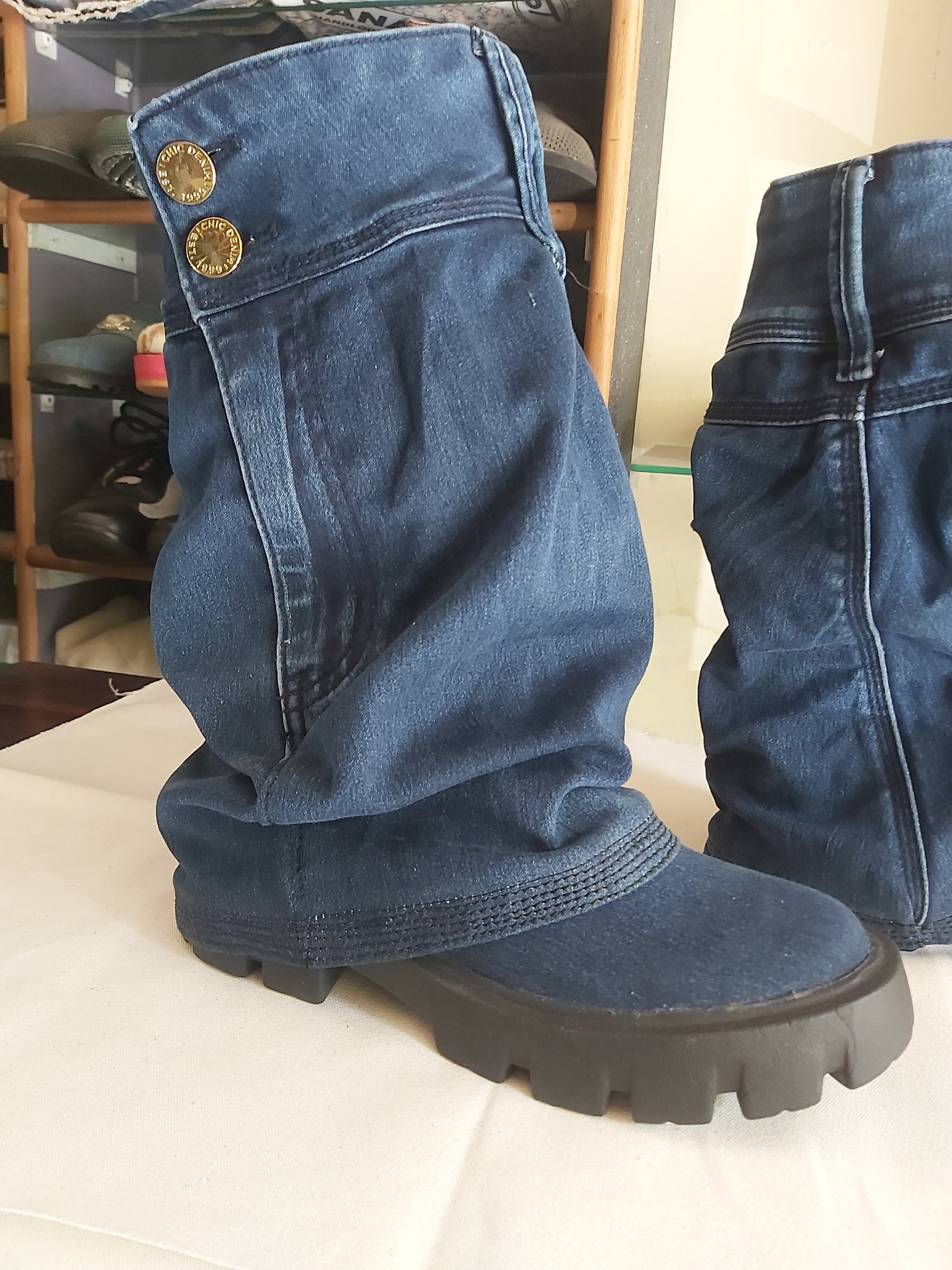 Upcycled Denim Boots: Boho Blue Jean Women's Boots 9LC