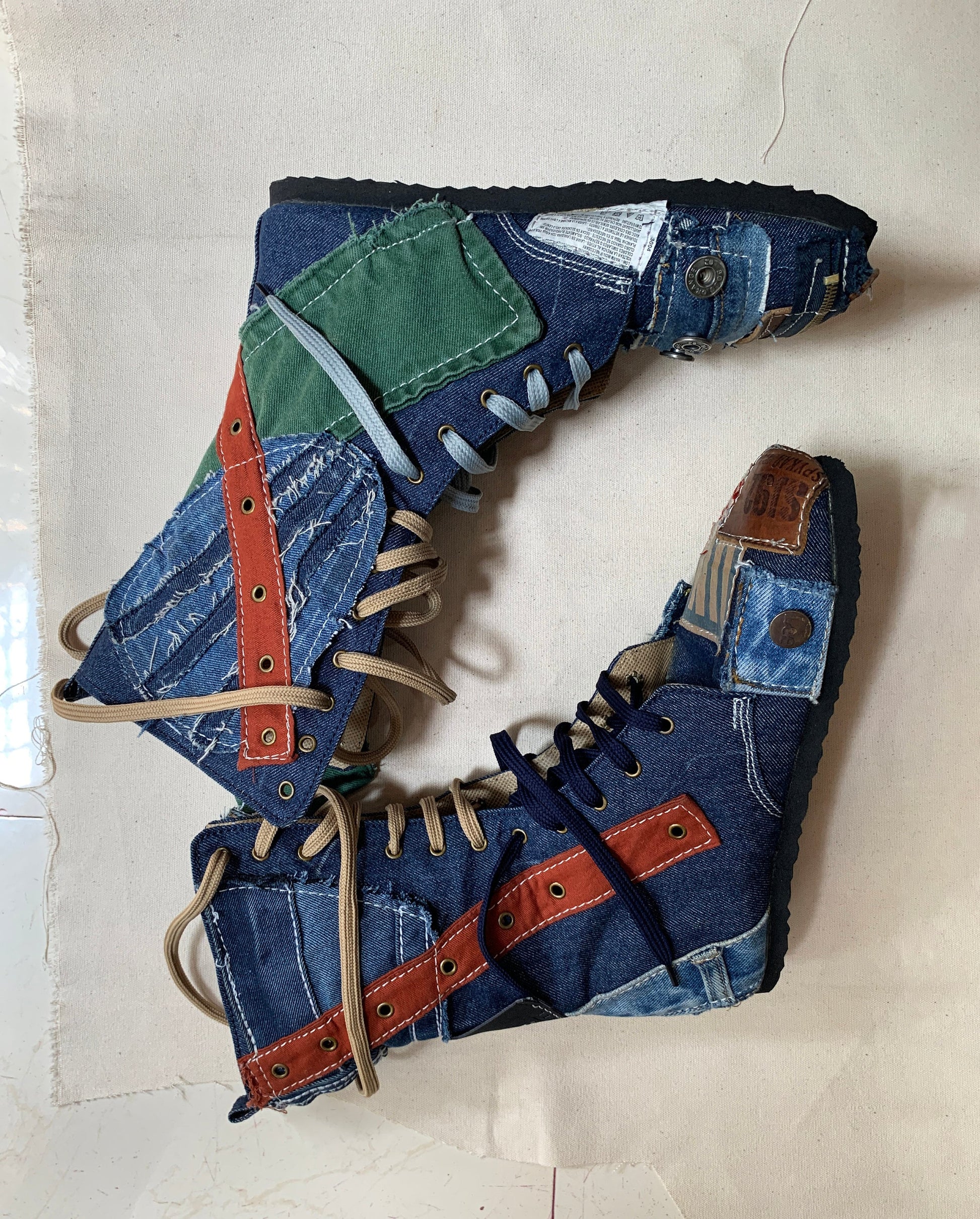 Upcycled Denim Patchwork Boots – Handmade Bohemian Footwear (US 9) 9LC
