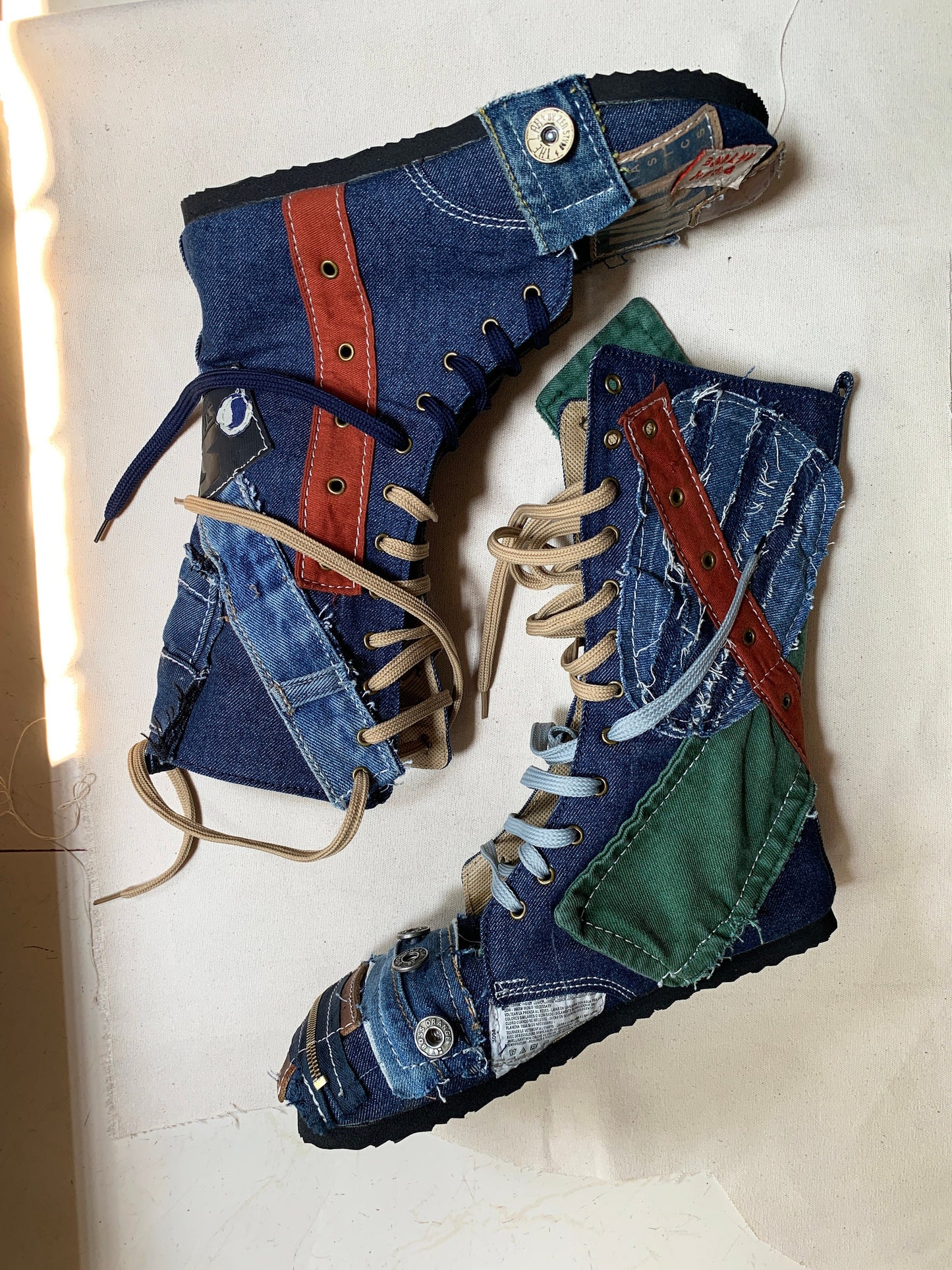 Upcycled Denim Patchwork Boots – Handmade Bohemian Footwear (US 9) 9LC