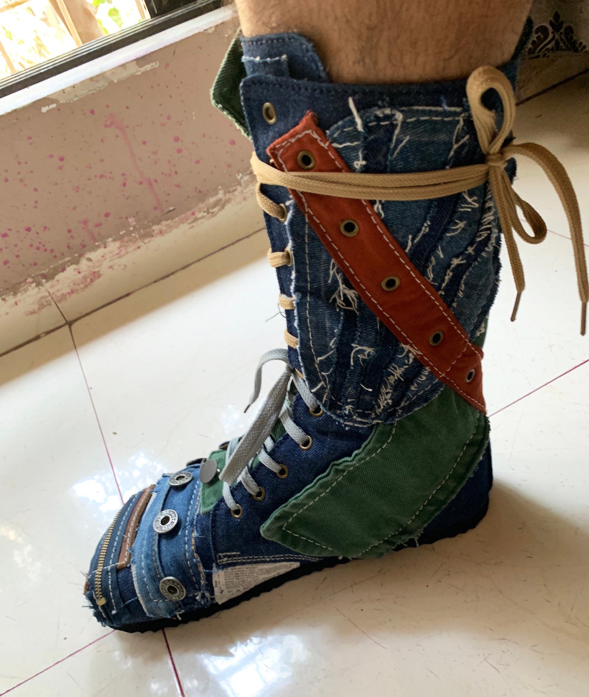 Upcycled Denim Patchwork Boots – Handmade Bohemian Footwear (US 9) 9LC