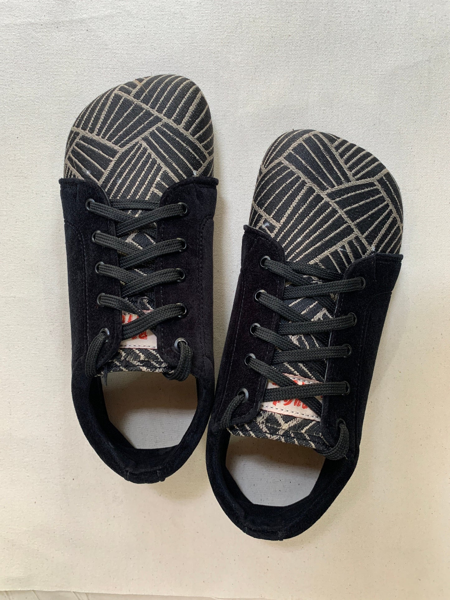 Upcycled Barefoot Shoes, Black Velvet & Jacquard, Vegan Tire Sole, US Size 8 9LC