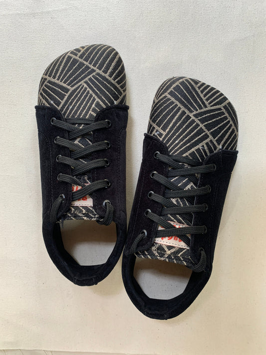 Upcycled Barefoot Shoes, Black Velvet & Jacquard, Vegan Tire Sole, US Size 8 9LC