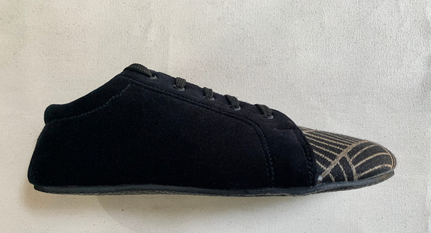 Upcycled Barefoot Shoes, Black Velvet & Jacquard, Vegan Tire Sole, US Size 8 9LC