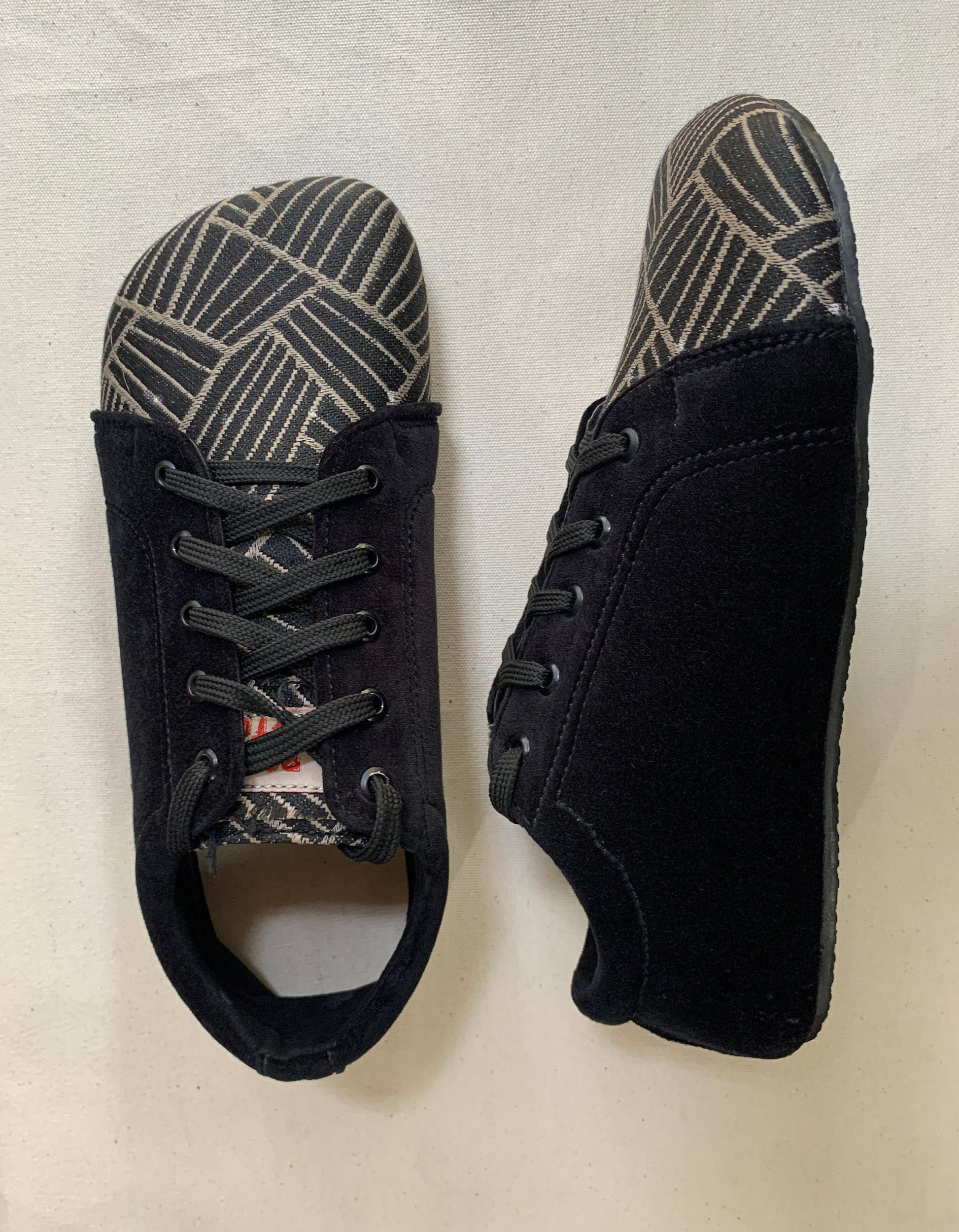 Upcycled Barefoot Shoes, Black Velvet & Jacquard, Vegan Tire Sole, US Size 8 9LC