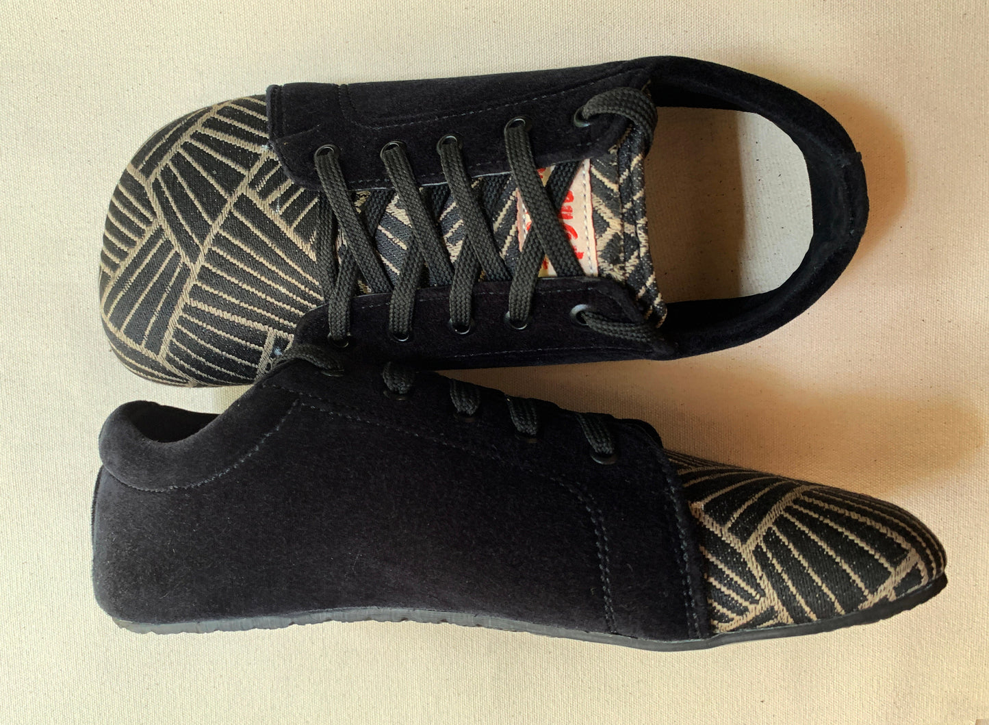 Upcycled Barefoot Shoes, Black Velvet & Jacquard, Vegan Tire Sole, US Size 8 9LC