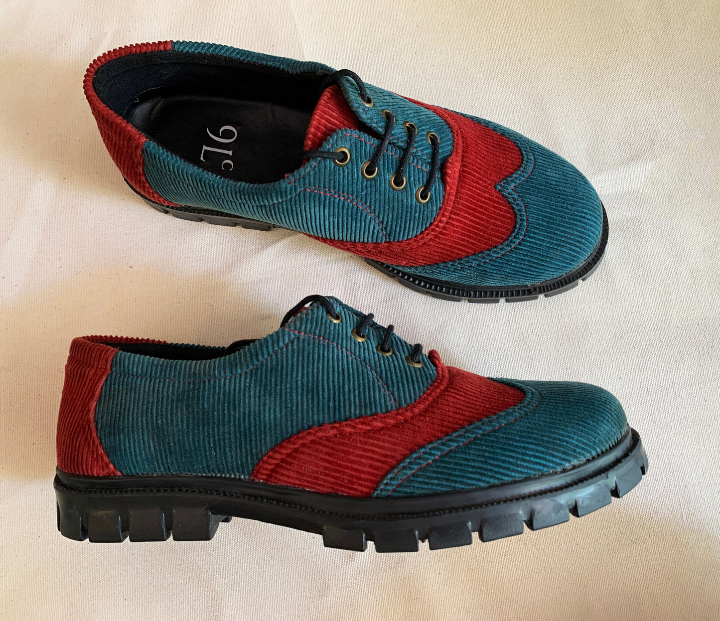 Upcycled Corduroy Brogues, Color Block Vegan Shoes (US 7.5, EU 41) 9LC