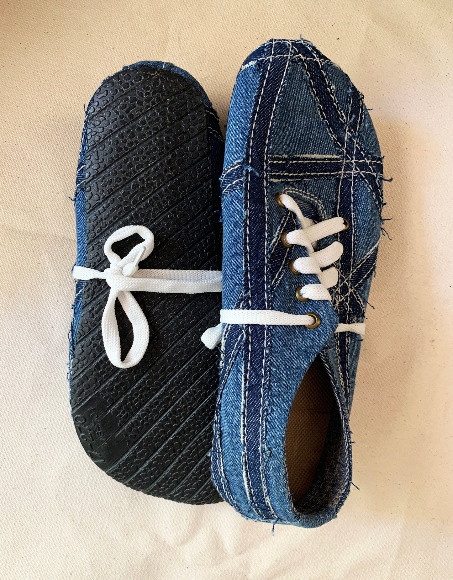 Upcycled Denim Barefoot Sneaker I US5 I UK4.5 I EU 38 I Tire Sole I Handmade I One of kind I Vegan I Unisex I Light and Flexible 9LC