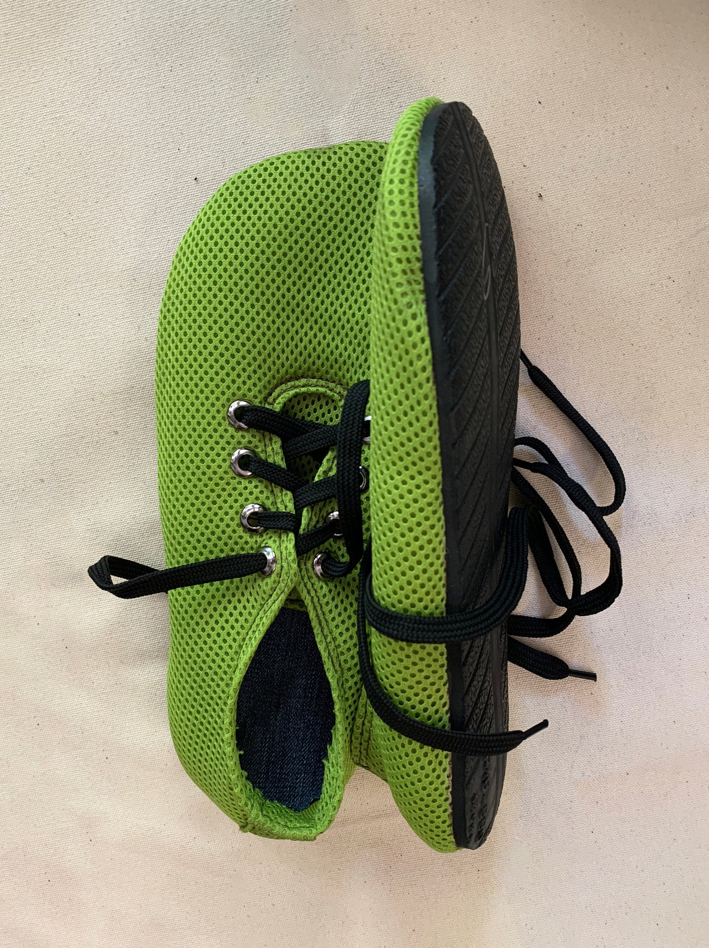 Barefoot Vegan Sneaker: Upcycled Tire Sole, Neon Green Mesh 9LC
