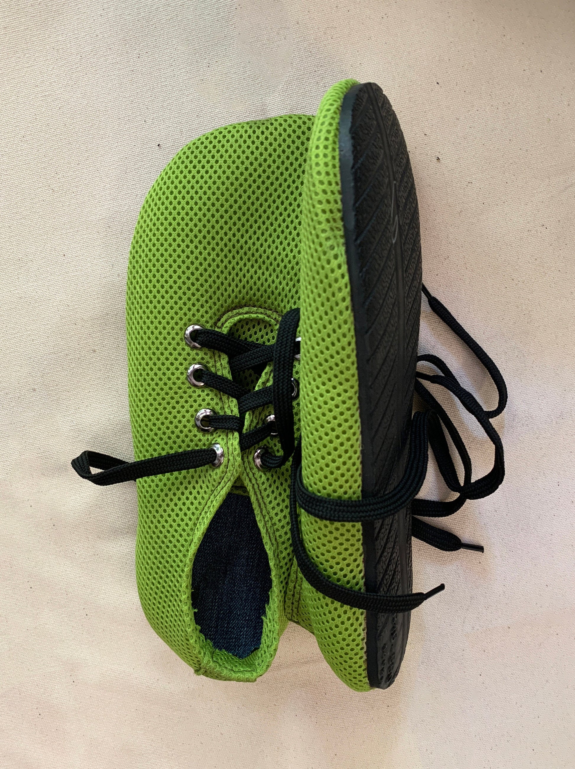 Barefoot Vegan Sneaker: Upcycled Tire Sole, Neon Green Mesh 9LC
