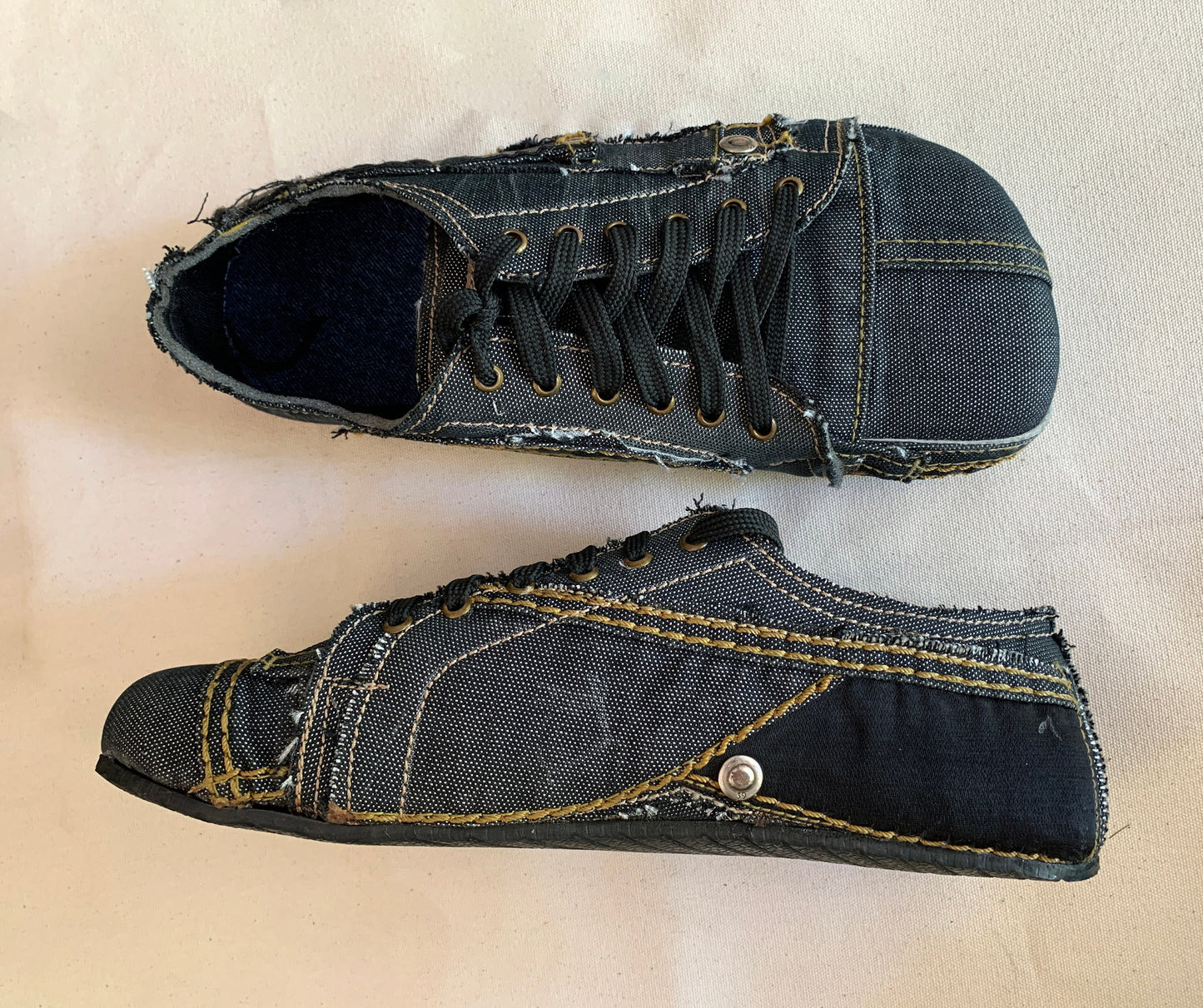 Upcycled Denim Barefoot Sneakers: Vegan Tire Sole, Contrast Stitch (US9/EU42/UK8) 9LC