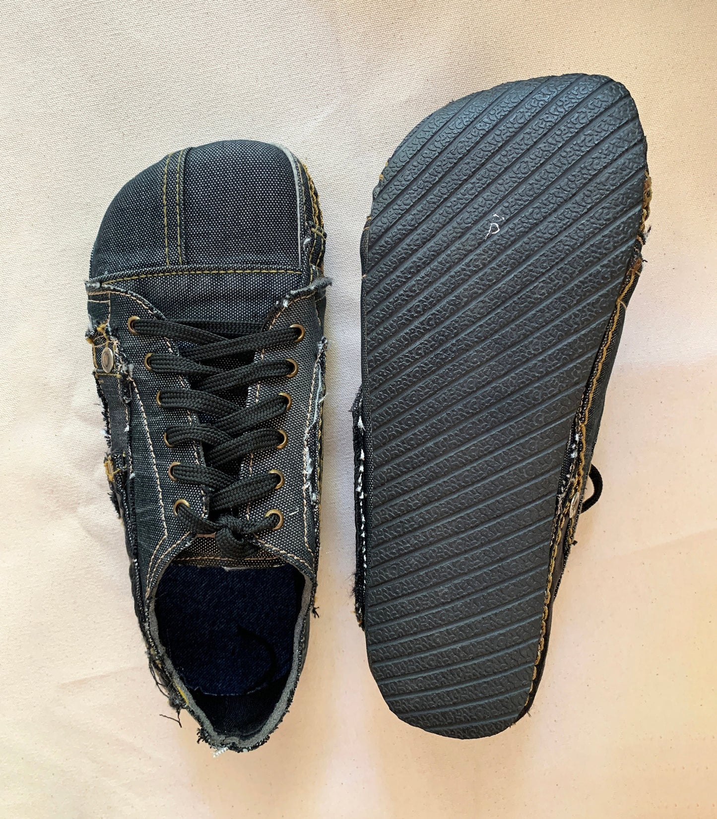 Upcycled Denim Barefoot Sneakers: Vegan Tire Sole, Contrast Stitch (US9/EU42/UK8) 9LC