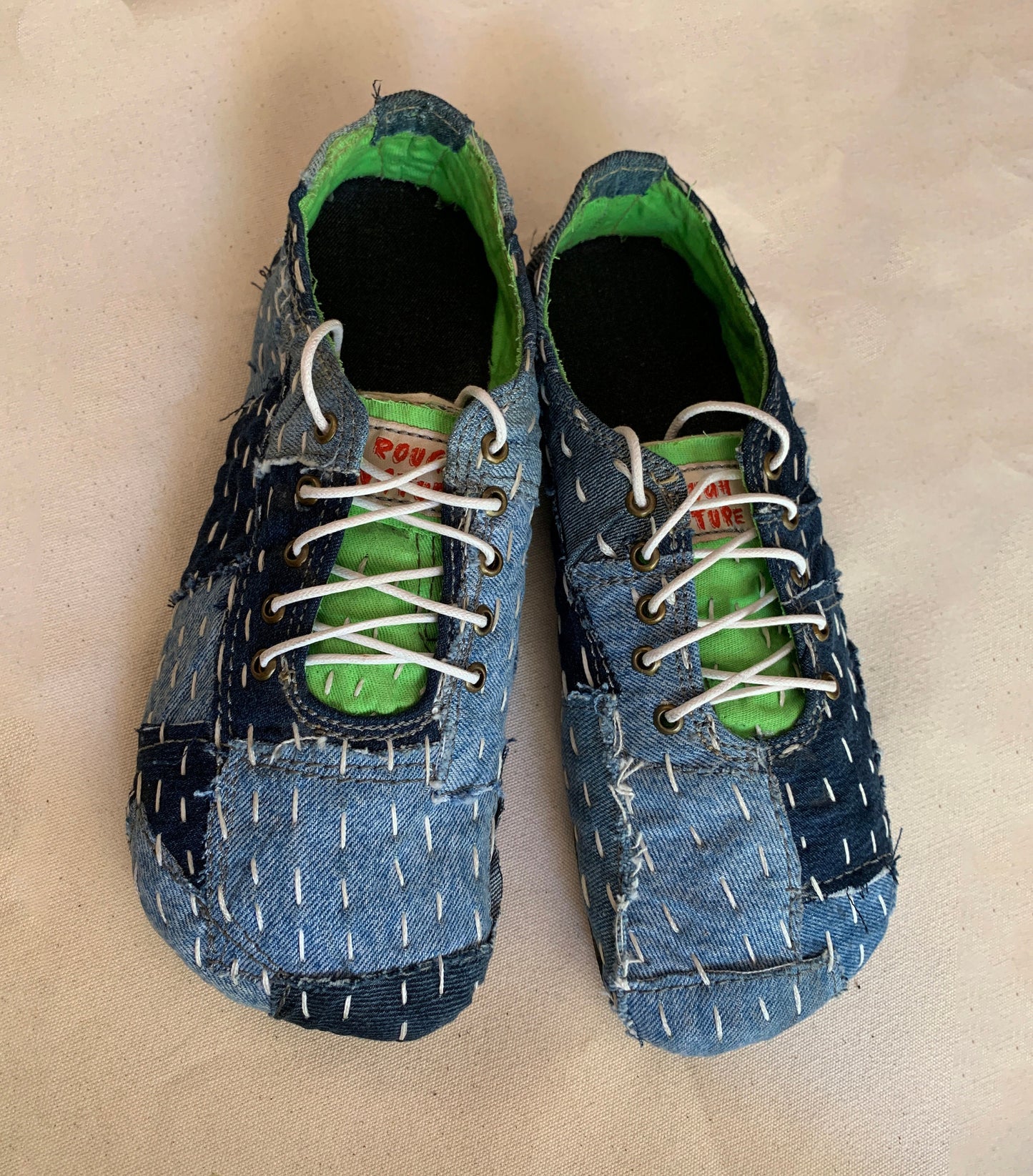 Upcycled Denim Sneakers: Gudri Hand Embroidery, Sashiko Style (US6 / EU40) 9LC