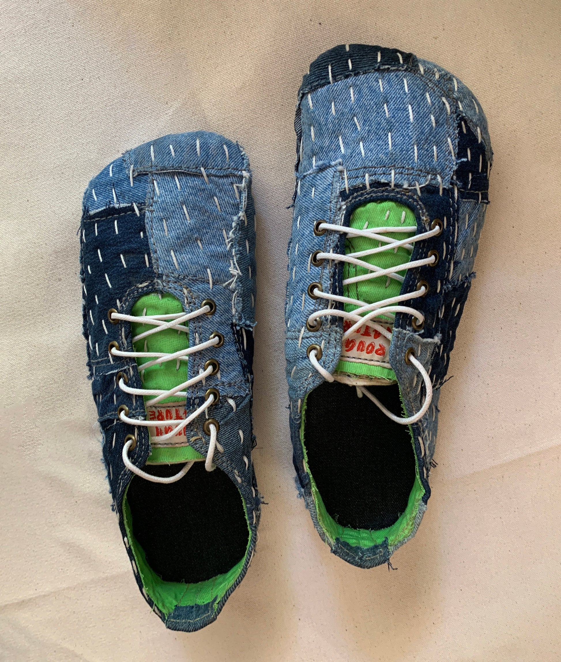 Upcycled Denim Sneakers: Gudri Hand Embroidery, Sashiko Style (US6 / EU40) 9LC