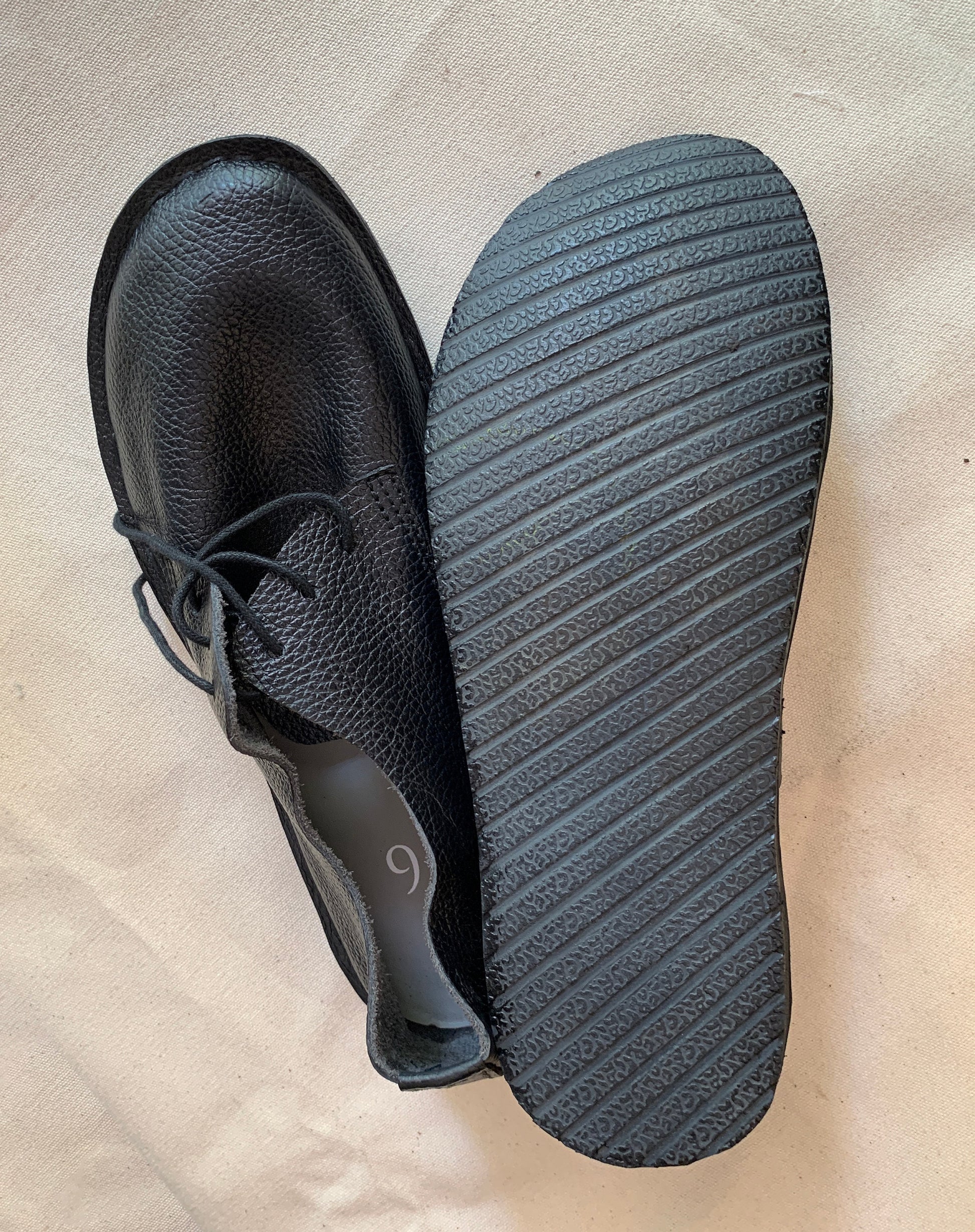 Hand Sewn Leather Barefoot Shoes: Charcoal Black, Flexible Tire Sole (US 9.5 / EU 45) 9LC