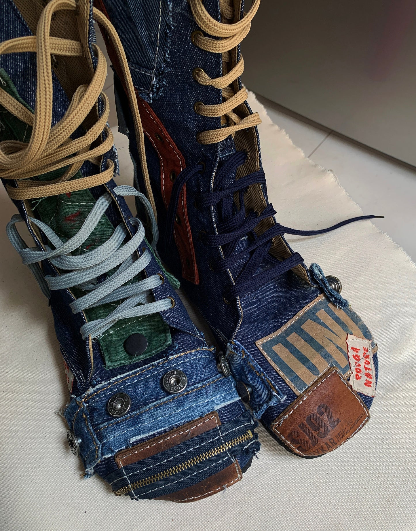 Upcycled Denim Patchwork Boots – Handmade Bohemian Footwear (US 9) 9LC