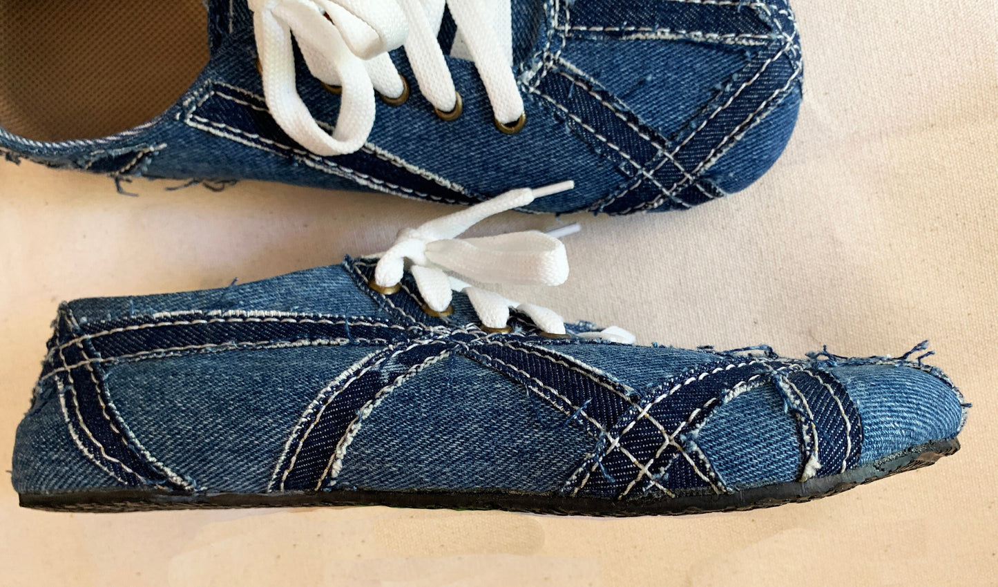 Upcycled Denim Barefoot Sneaker I US5 I UK4.5 I EU 38 I Tire Sole I Handmade I One of kind I Vegan I Unisex I Light and Flexible 9LC