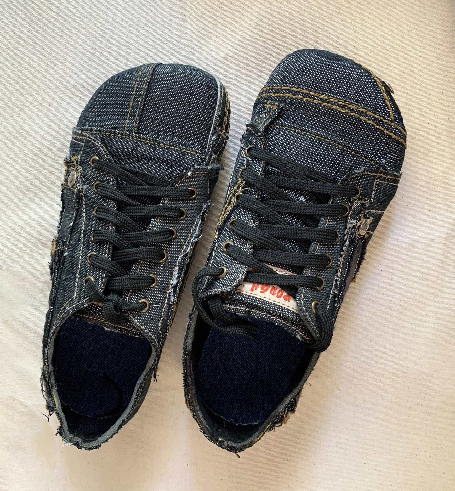 Upcycled Denim Barefoot Sneakers: Vegan Tire Sole, Contrast Stitch (US9/EU42/UK8) 9LC
