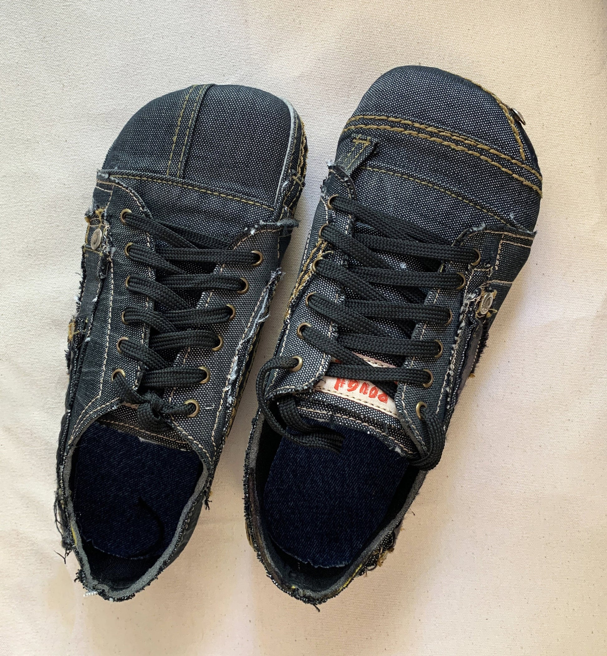 Upcycled Denim Barefoot Sneakers: Vegan Tire Sole, Contrast Stitch (US9/EU42/UK8) 9LC