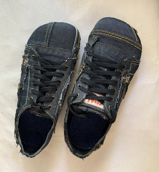 Upcycled Denim Barefoot Sneakers: Vegan Tire Sole, Contrast Stitch (US9/EU42/UK8) 9LC