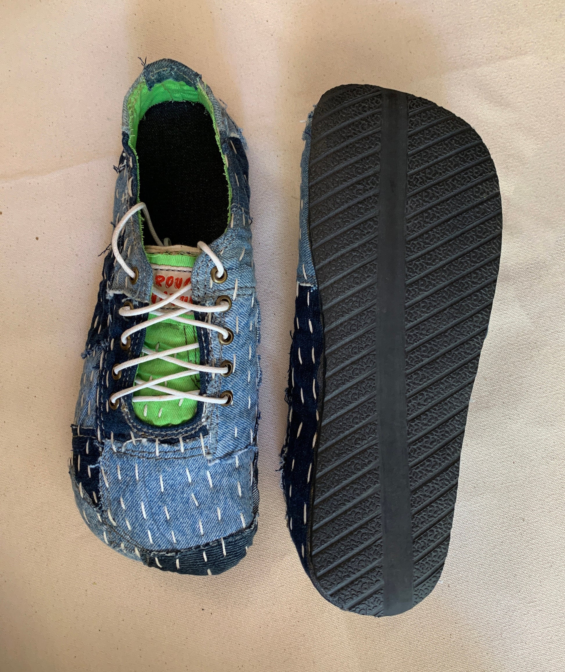 Upcycled Denim Sneakers: Gudri Hand Embroidery, Sashiko Style (US6 / EU40) 9LC