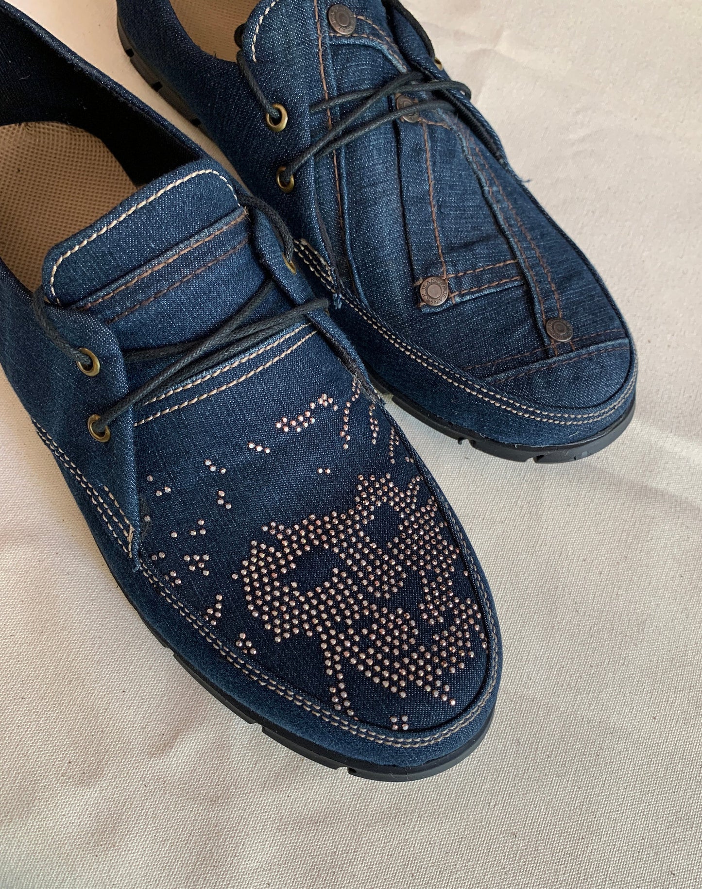 Upcycled Denim Driver Shoes I US9.5 I EU 43 I Lion Rhinestone Motif I Flexible Sole I Customization Available I Blue and Black 9LC