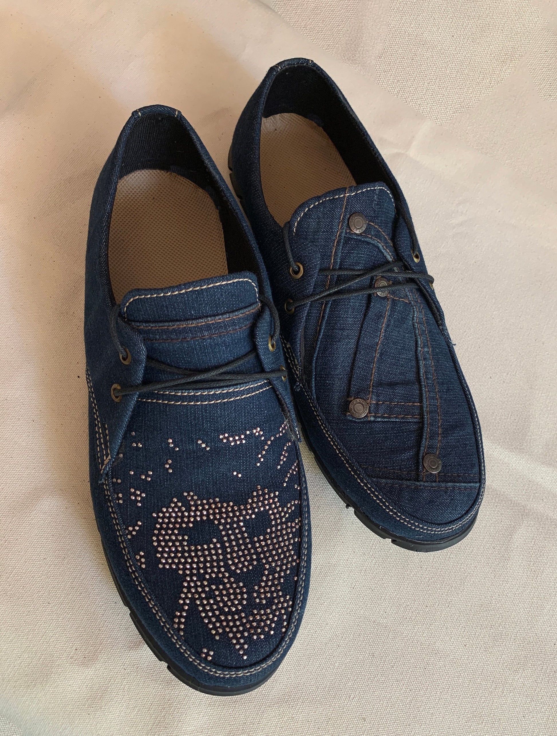 Upcycled Denim Driver Shoes I US9.5 I EU 43 I Lion Rhinestone Motif I Flexible Sole I Customization Available I Blue and Black 9LC