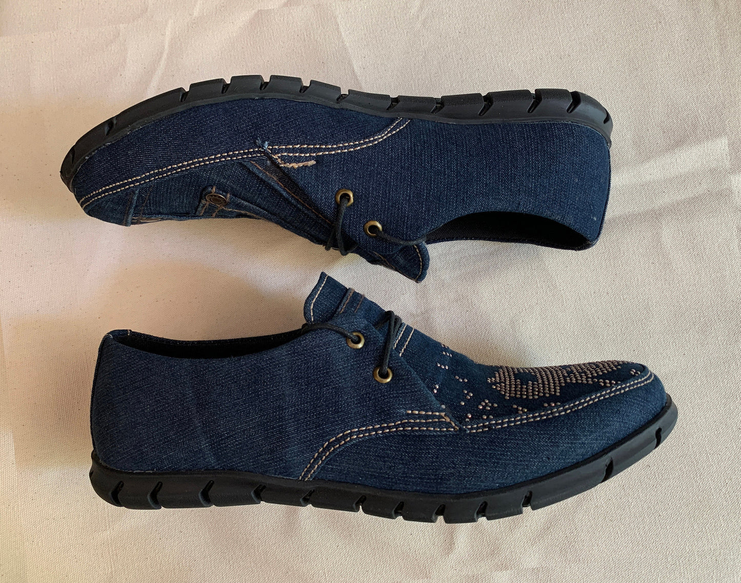Upcycled Denim Driver Shoes I US9.5 I EU 43 I Lion Rhinestone Motif I Flexible Sole I Customization Available I Blue and Black 9LC