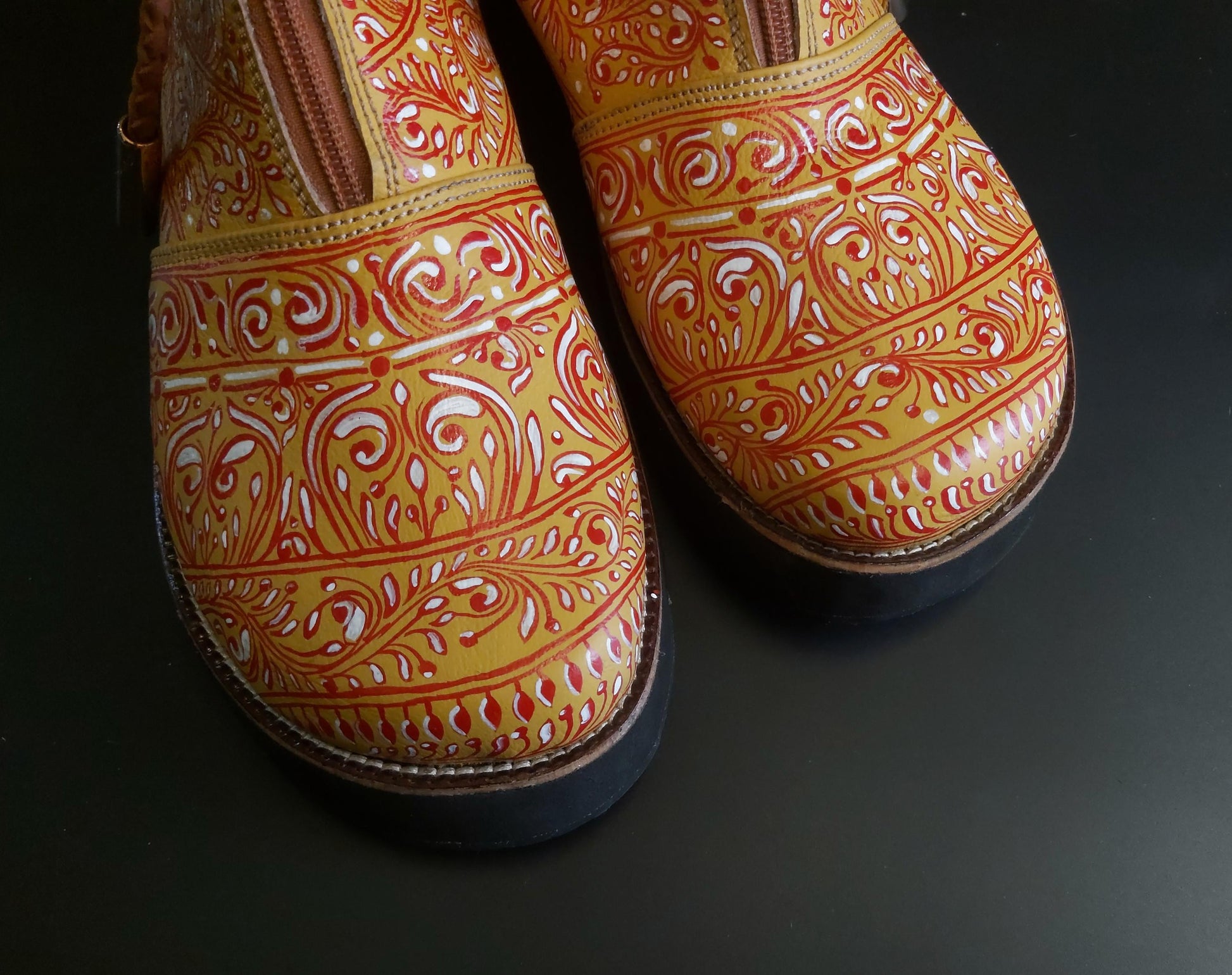 Hand Painted Leather Ankle Boot, Wide Toe, Upcycled Tyre Sole (28 CM Foot) 9LC