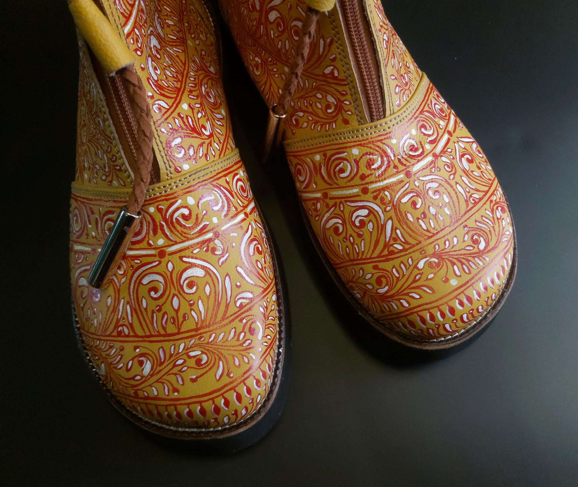 Hand Painted Leather Ankle Boot, Wide Toe, Upcycled Tyre Sole (28 CM Foot) 9LC