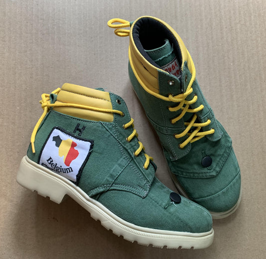 Upcycled Green Denim Boot: Belgium Label, US 8.5, One-of-a-Kind 9LC