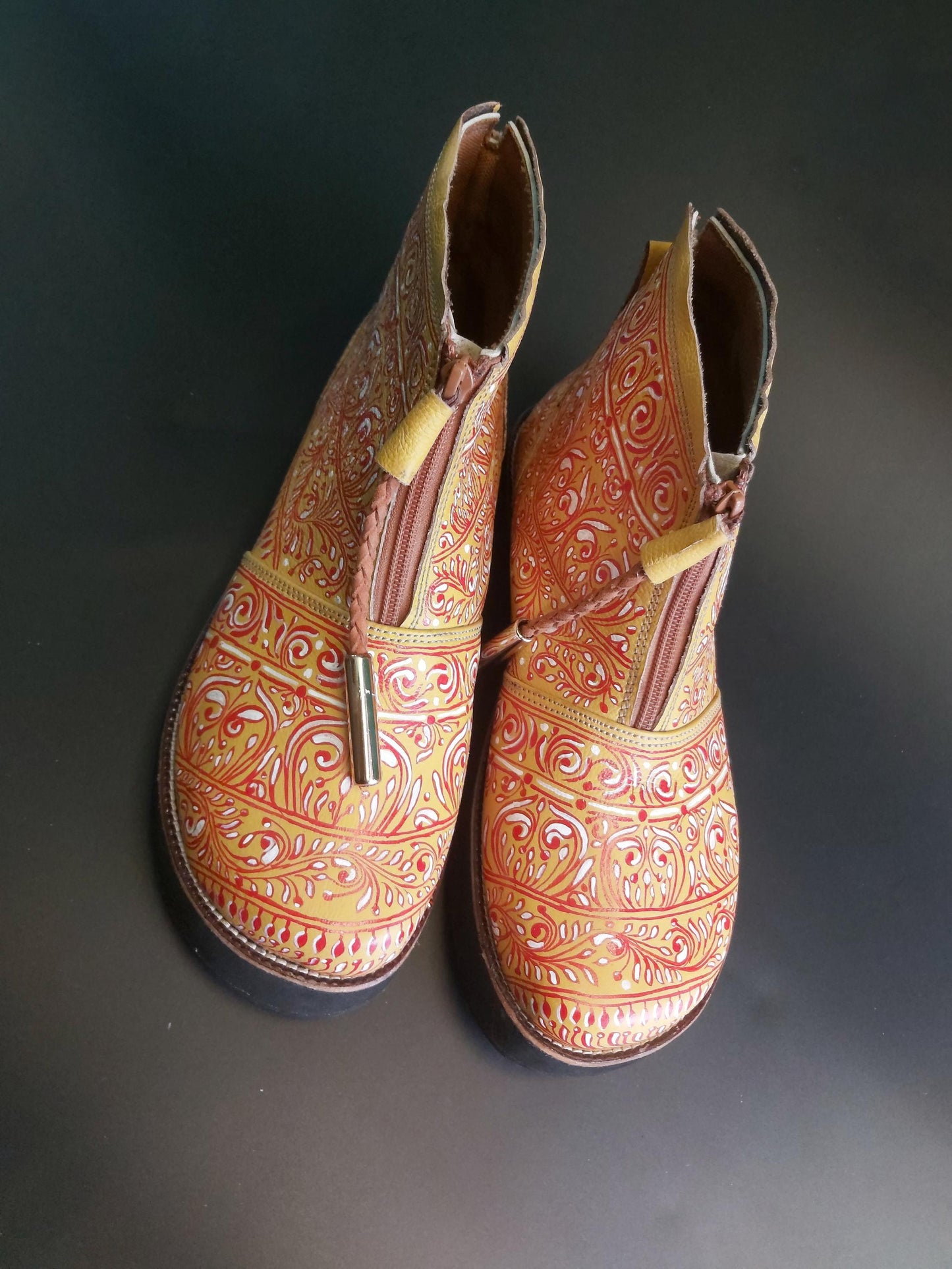 Hand Painted Leather Ankle Boot, Wide Toe, Upcycled Tyre Sole (28 CM Foot) 9LC