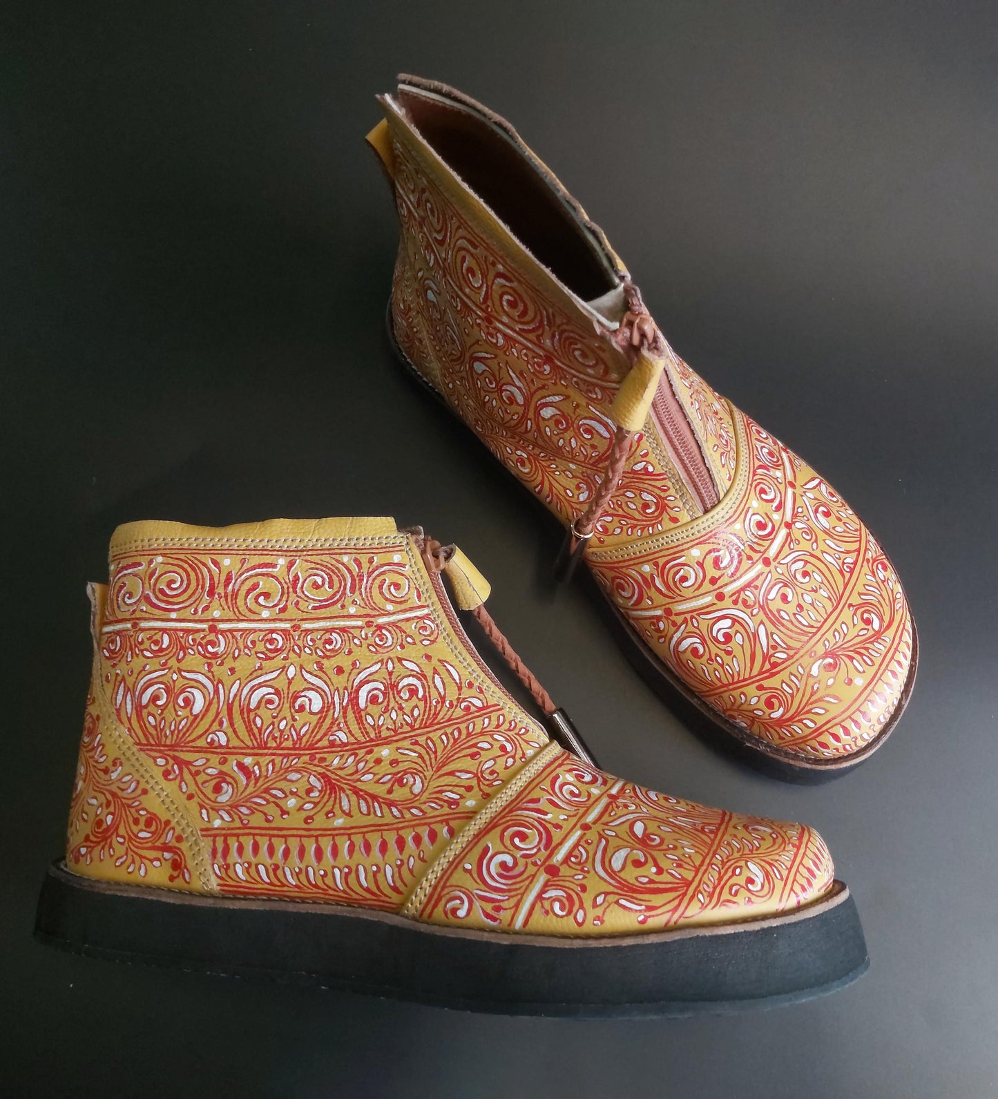 Hand Painted Leather Ankle Boot, Wide Toe, Upcycled Tyre Sole (28 CM Foot) 9LC
