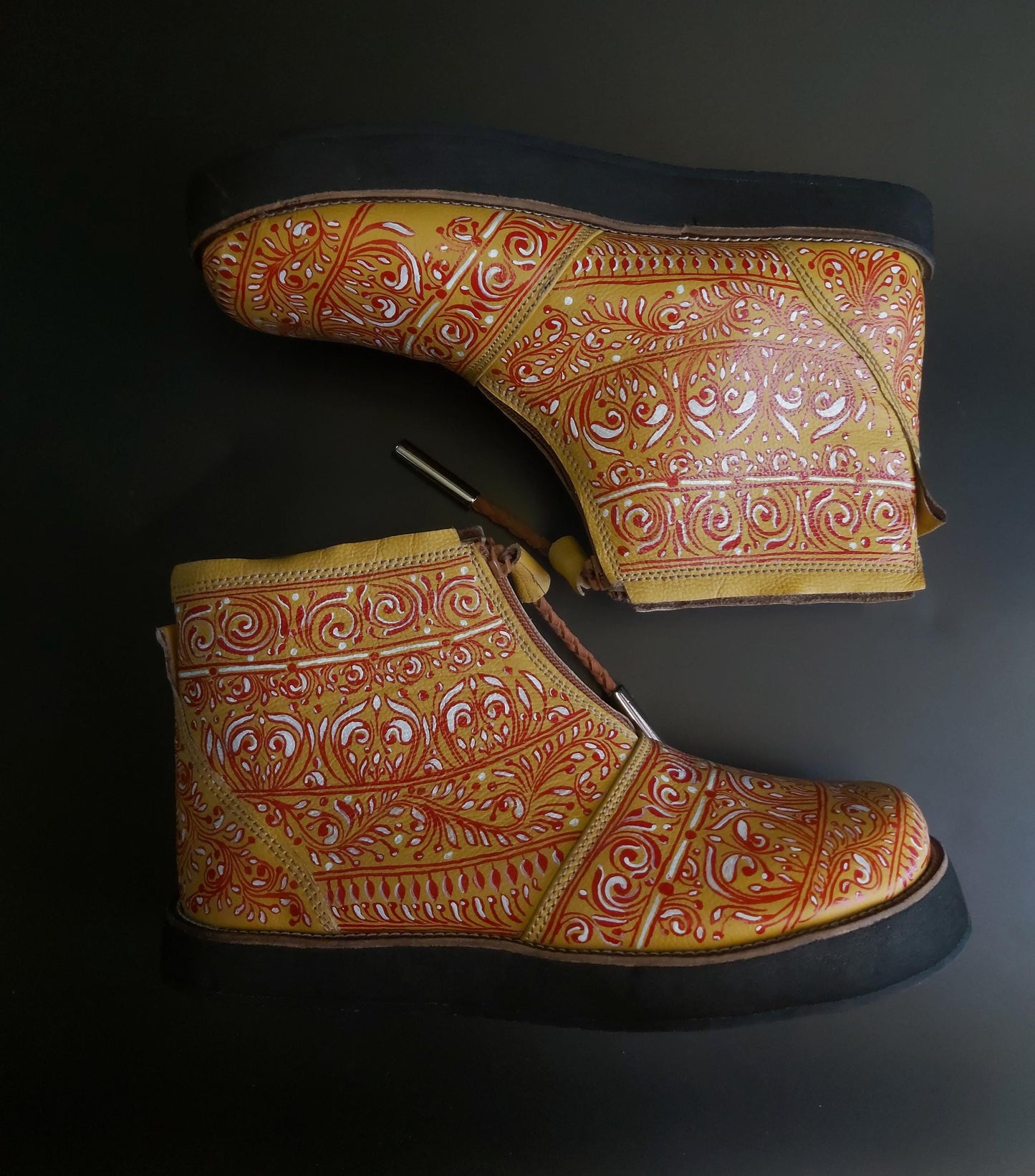 Hand Painted Leather Ankle Boot, Wide Toe, Upcycled Tyre Sole (28 CM Foot) 9LC