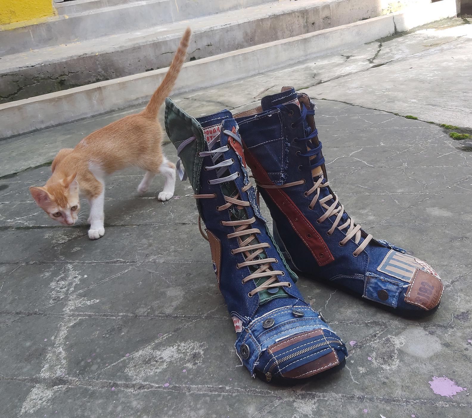 Upcycled Denim Barefoot Boots US 9, Handmade One-of-a-Kind 9LC