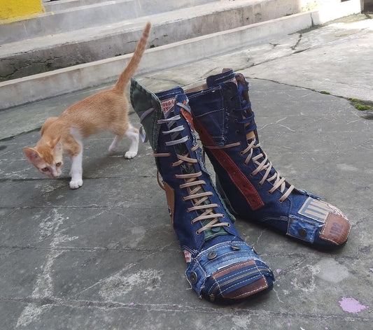 Upcycled Denim Barefoot Boots US 9, Handmade One-of-a-Kind 9LC