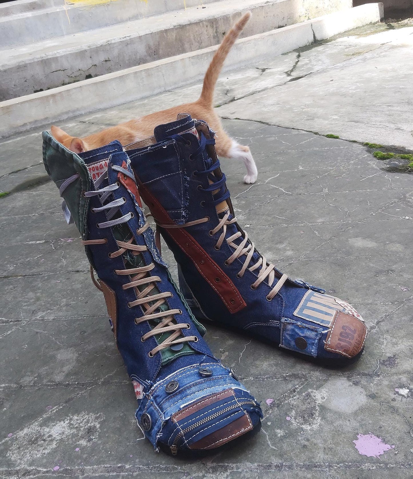 Upcycled Denim Barefoot Boots US 9, Handmade One-of-a-Kind 9LC