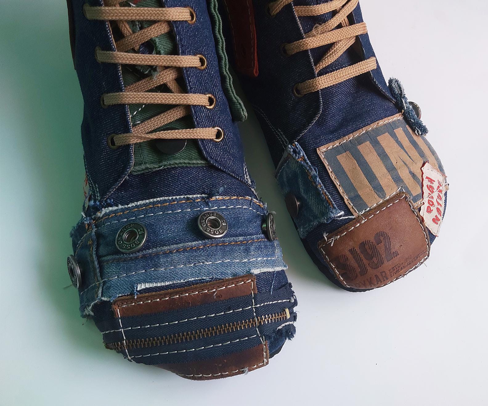 Upcycled Denim Barefoot Boots US 9, Handmade One-of-a-Kind 9LC