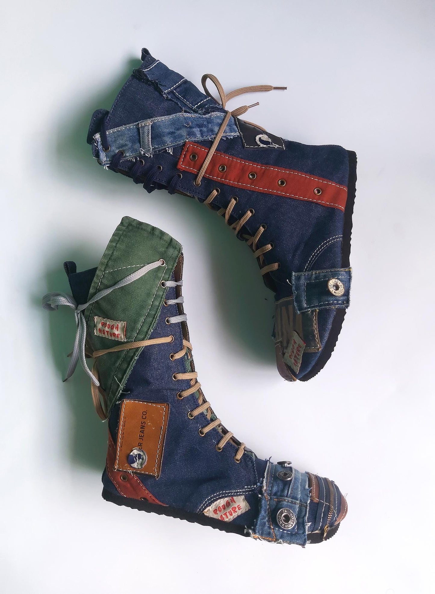 Upcycled Denim Barefoot Boots US 9, Handmade One-of-a-Kind 9LC