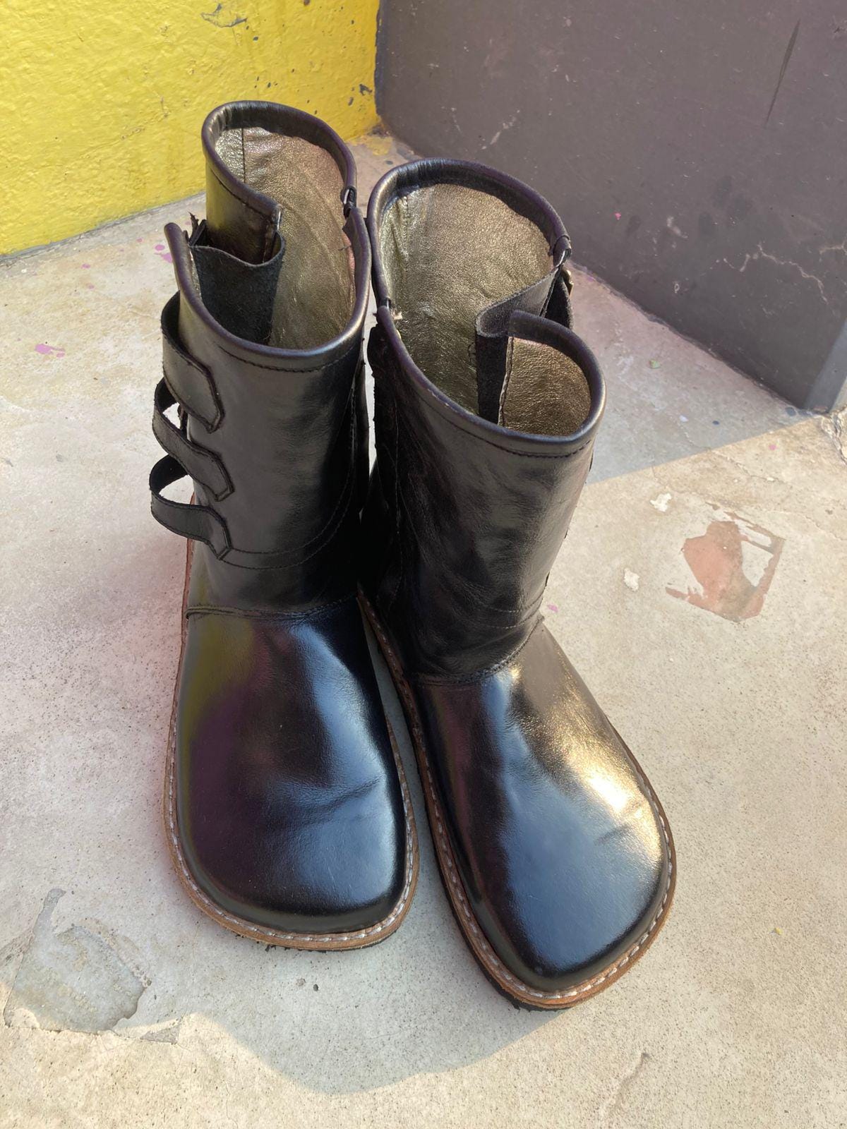 Handmade Black Leather Mid-Calf Boots | Wide Toe, Buckle Strap 9LC