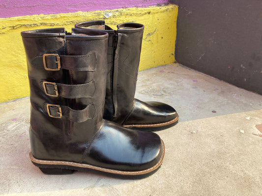 Handmade Black Leather Mid-Calf Boots | Wide Toe, Buckle Strap 9LC